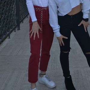 Red mom jeans